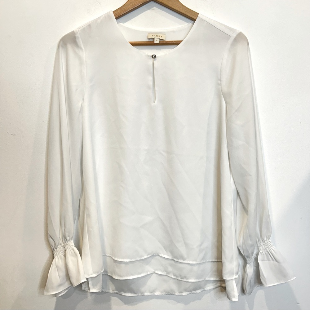 Laura Layered Long Sleeve Blouse Keyhole Neckline White